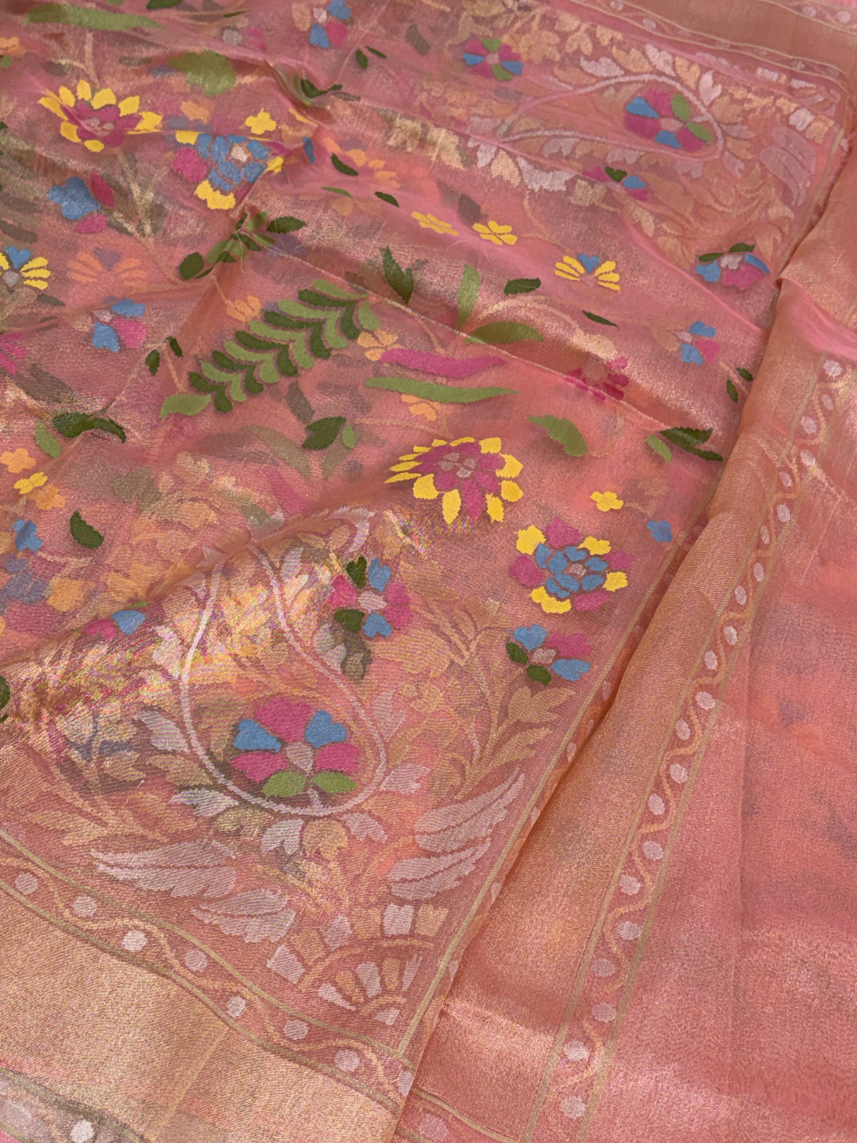 Peach Handwoven Pure Banarasi Real Zari Tissue Jamdani Saree