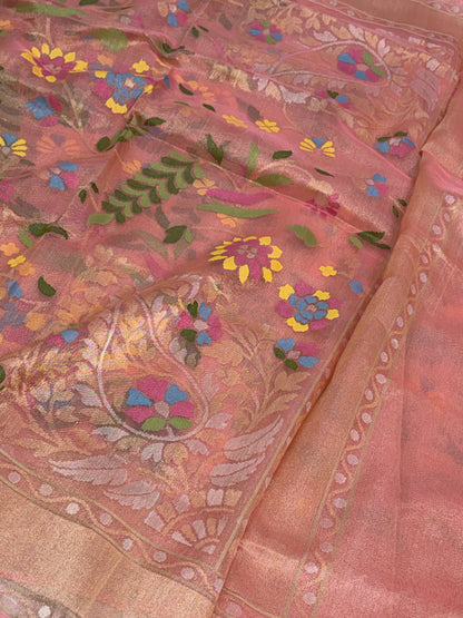 Peach Handwoven Pure Banarasi Real Zari Tissue Jamdani Saree