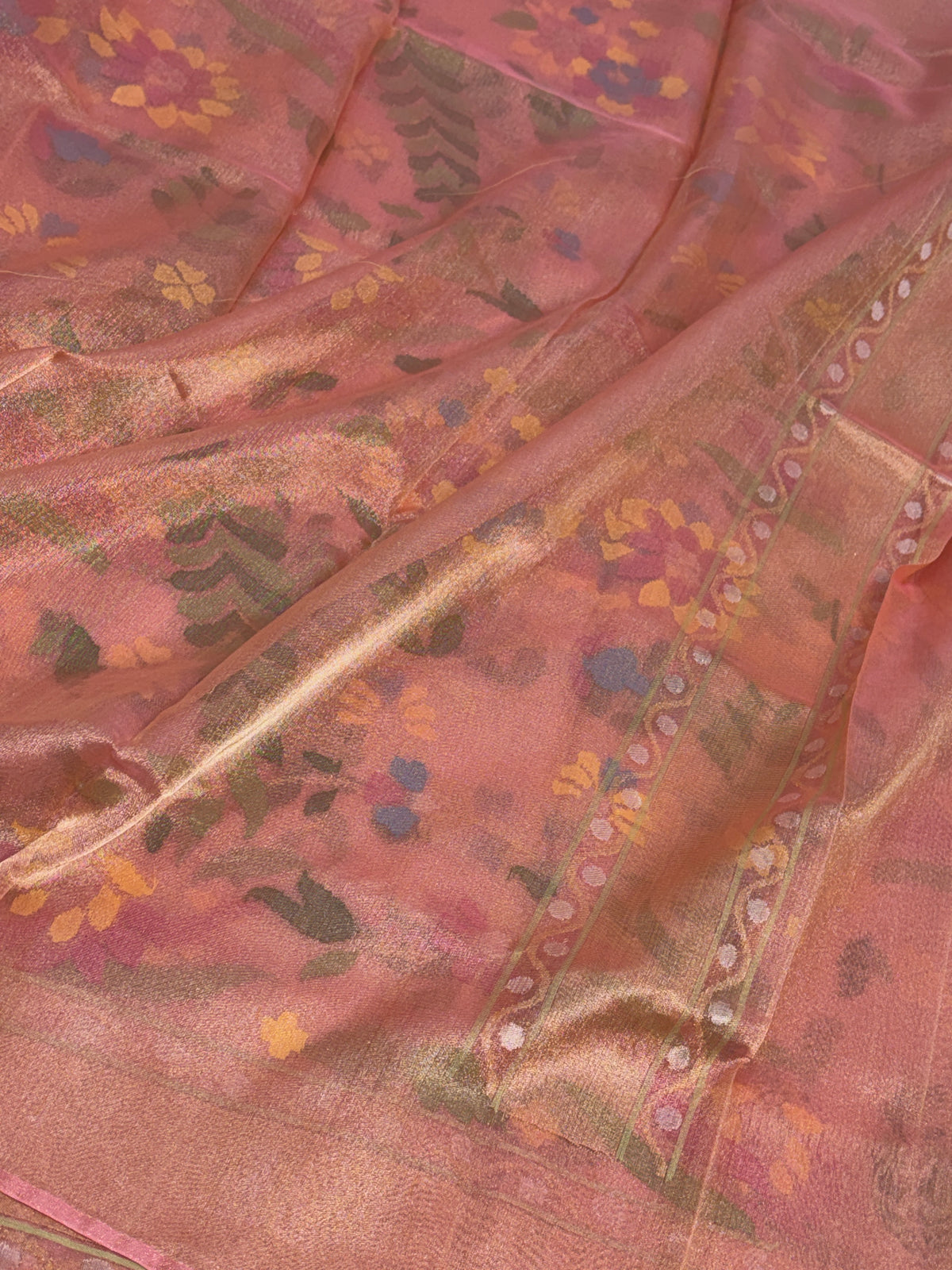 Peach Handwoven Pure Banarasi Real Zari Tissue Jamdani Saree