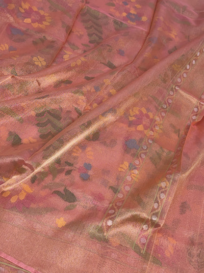 Peach Handwoven Pure Banarasi Real Zari Tissue Jamdani Saree