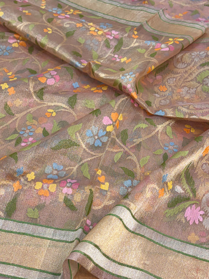 Cream Handwoven Pure Banarasi Real Zari Tissue Jamdani Saree