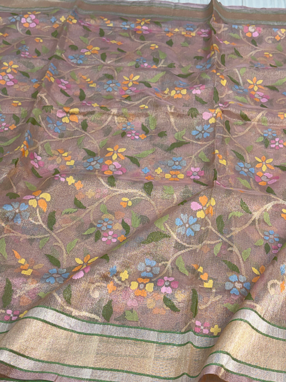 Cream Handwoven Pure Banarasi Real Zari Tissue Jamdani Saree