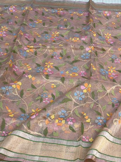 Cream Handwoven Pure Banarasi Real Zari Tissue Jamdani Saree