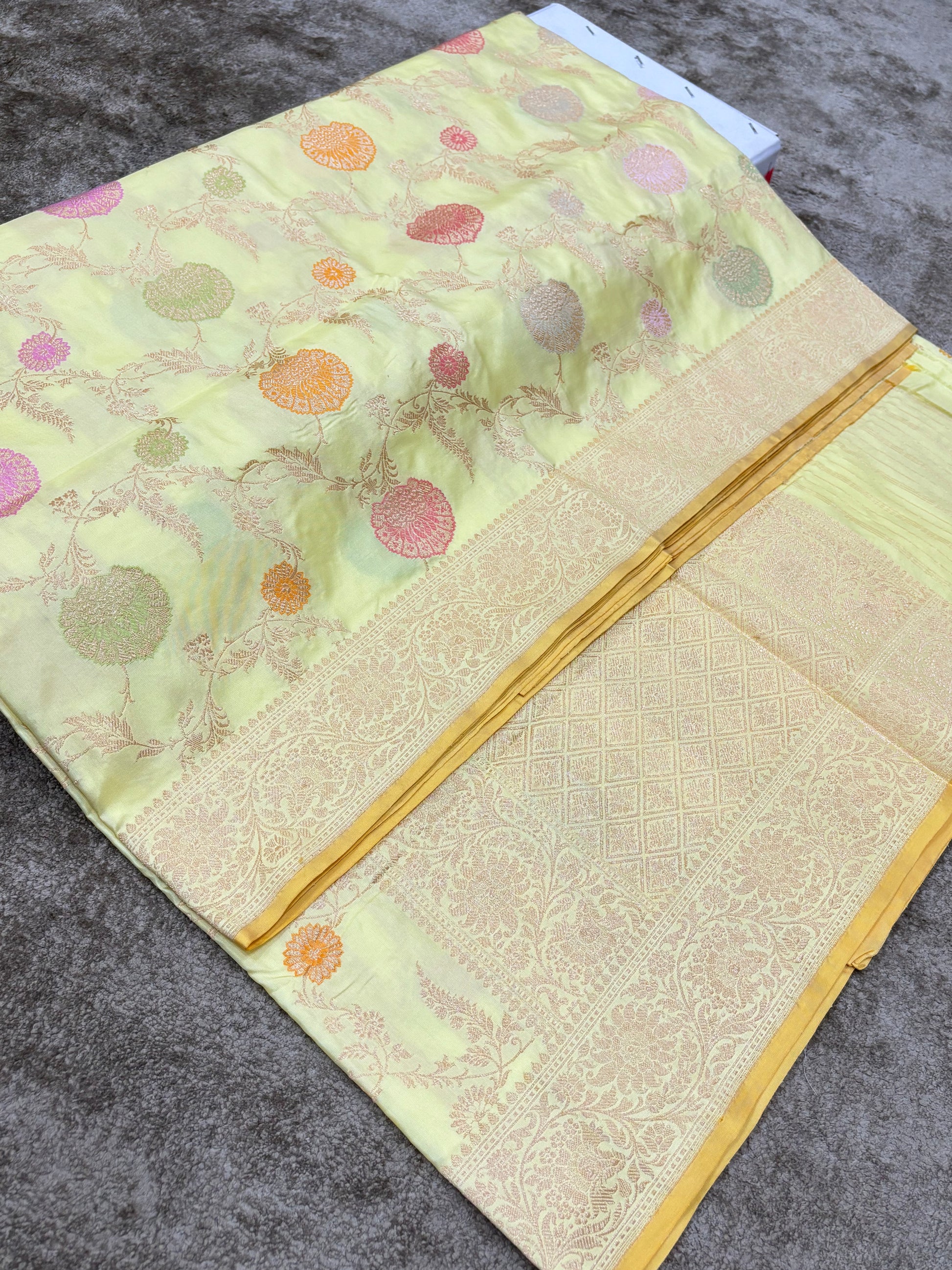  Lemon Pure Katan Silk Saree with Tilfi Minakari Jaal By HOB