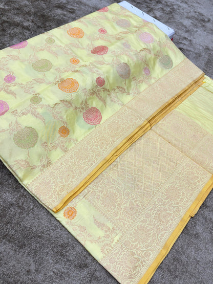  Lemon Pure Katan Silk Saree with Tilfi Minakari Jaal By HOB