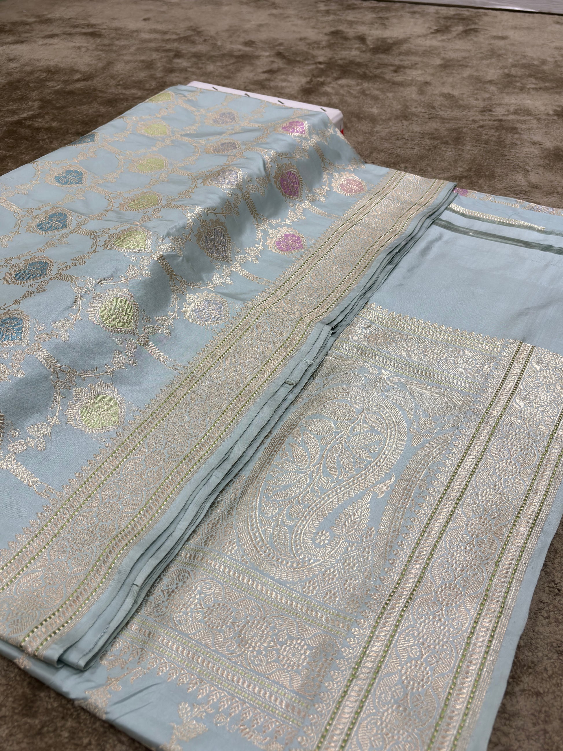 Luxury Handwoven Powder Blue Banarasi Saree with Heavy Minakari Jaal 