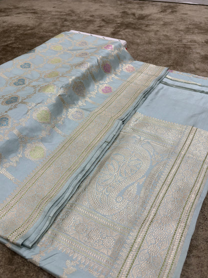 Luxury Handwoven Powder Blue Banarasi Saree with Heavy Minakari Jaal 