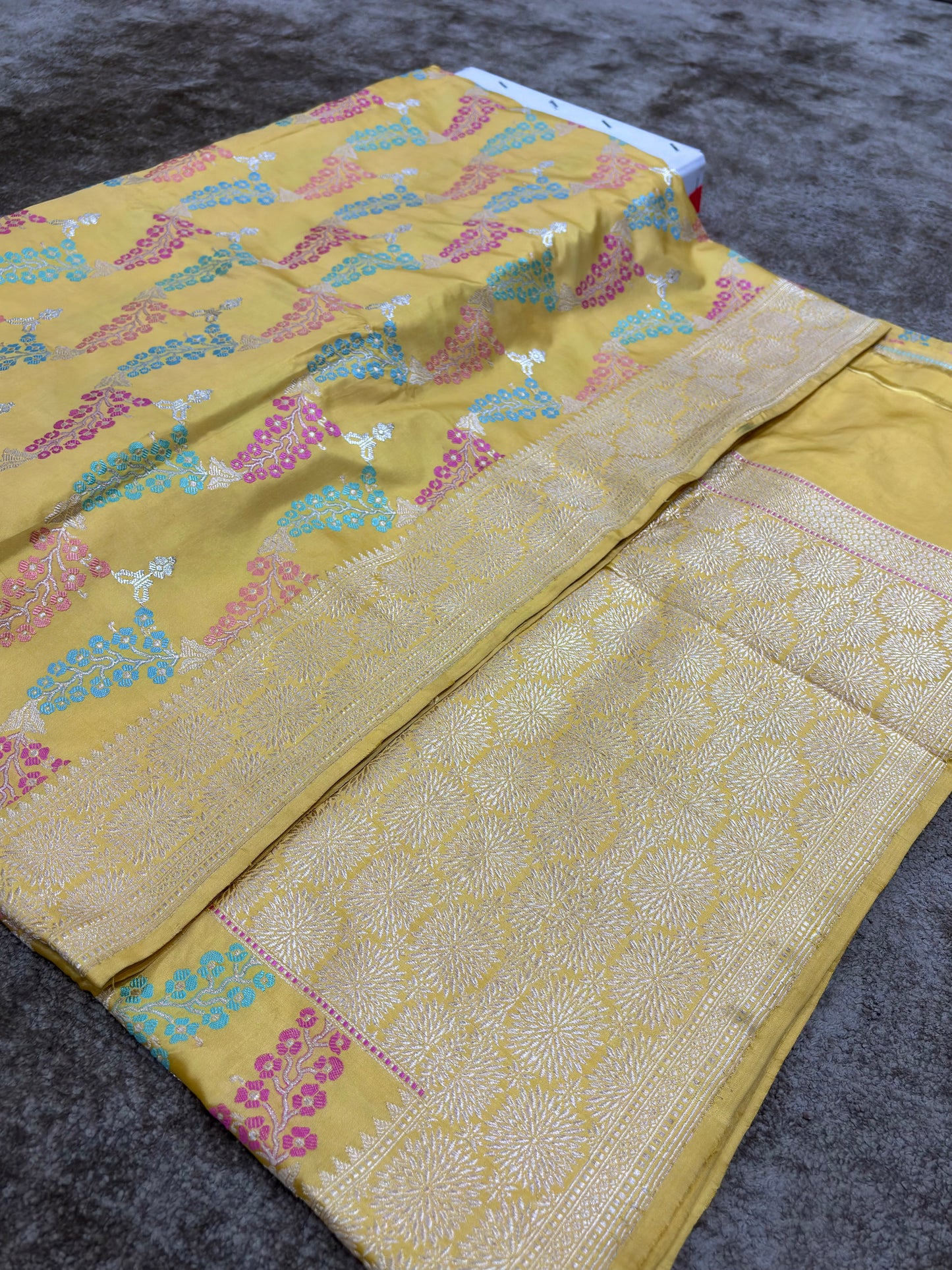 Luxury  Yellow Handwoven Pure Katan Silk Jaal Saree in Tilfi Minakari Work By HOB