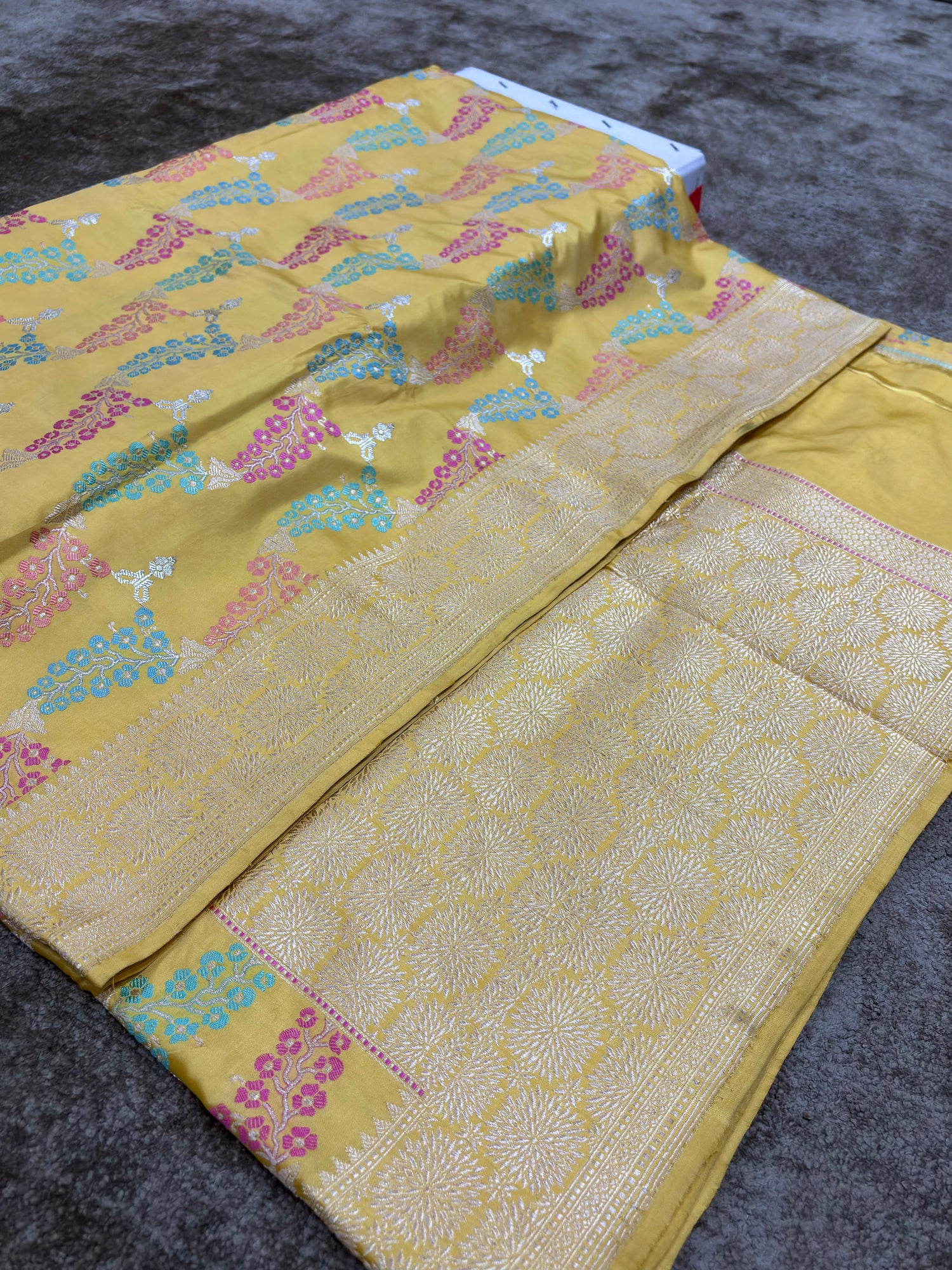 Luxury  Yellow Handwoven Pure Katan Silk Jaal Saree in Tilfi Minakari Work By HOB