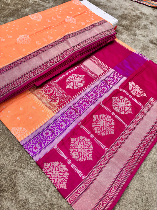 Orange and Magenta  Banarasi silk saree with Kadhiyal Border & Pallu. BY HOB