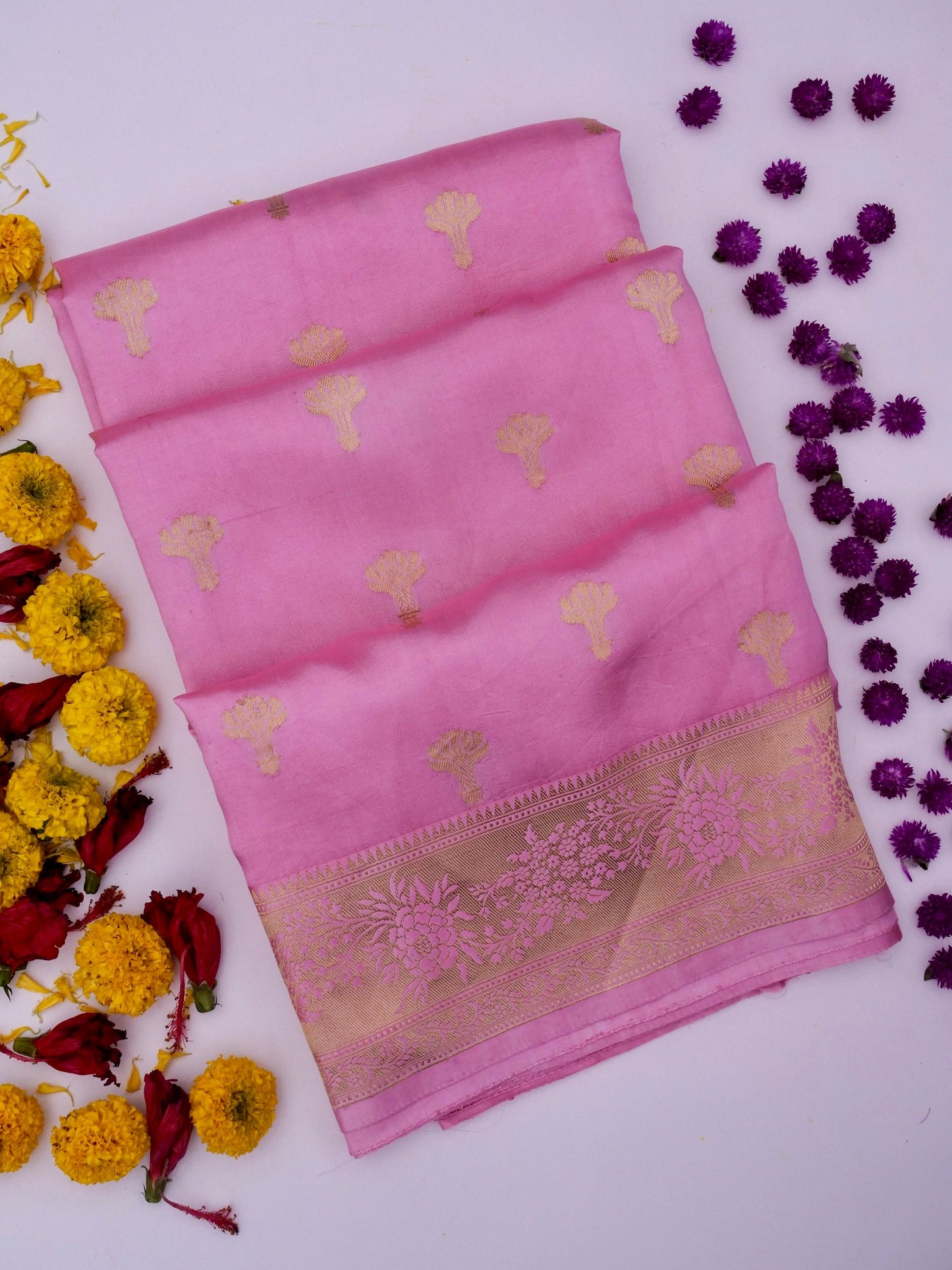 Pure Pink Banarasi Mango Katan Silk Saree with Kadhwa Buti Work