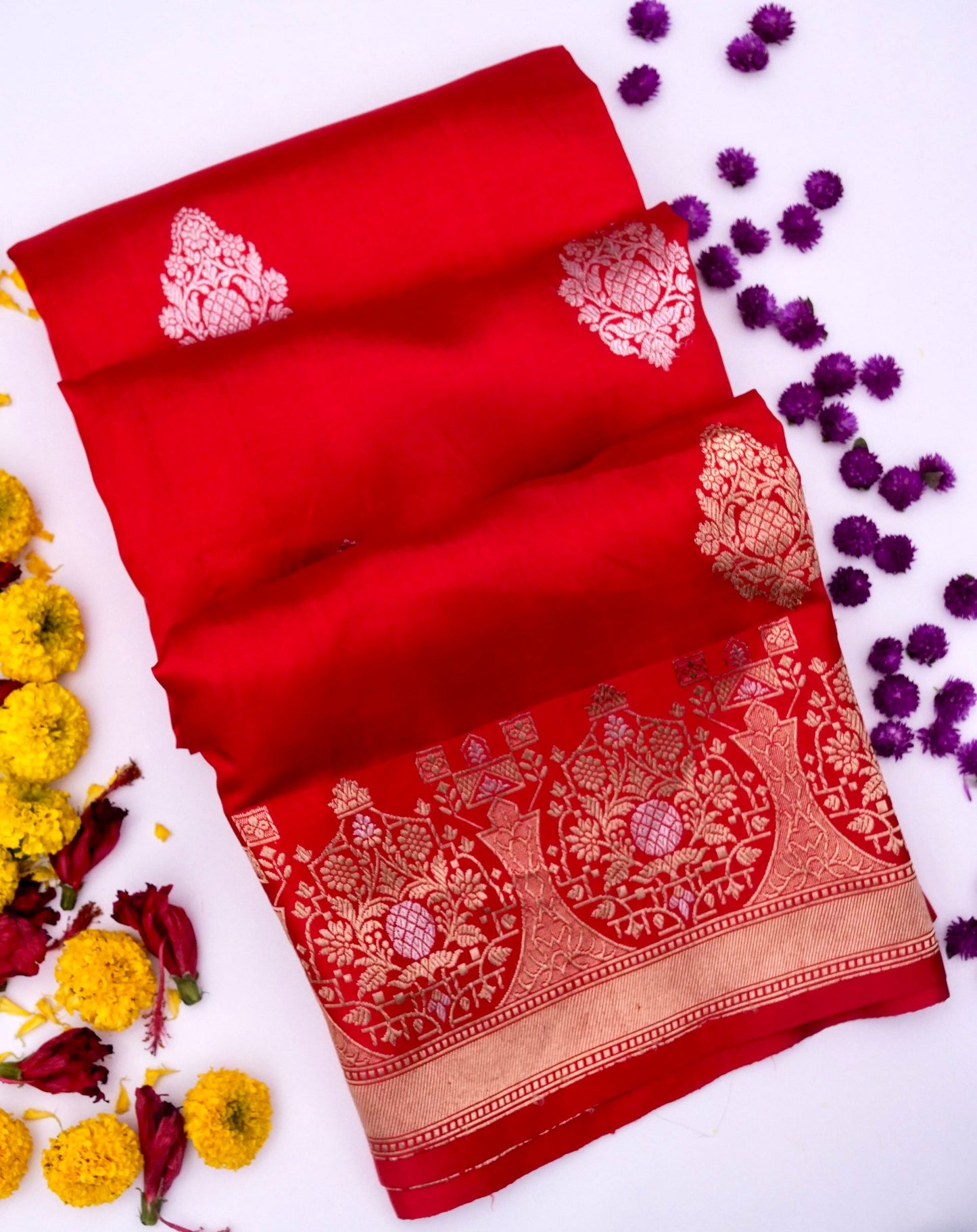 Pure Red Banarasi R Mango Katan Silk Saree with Kadhwa Buti Work