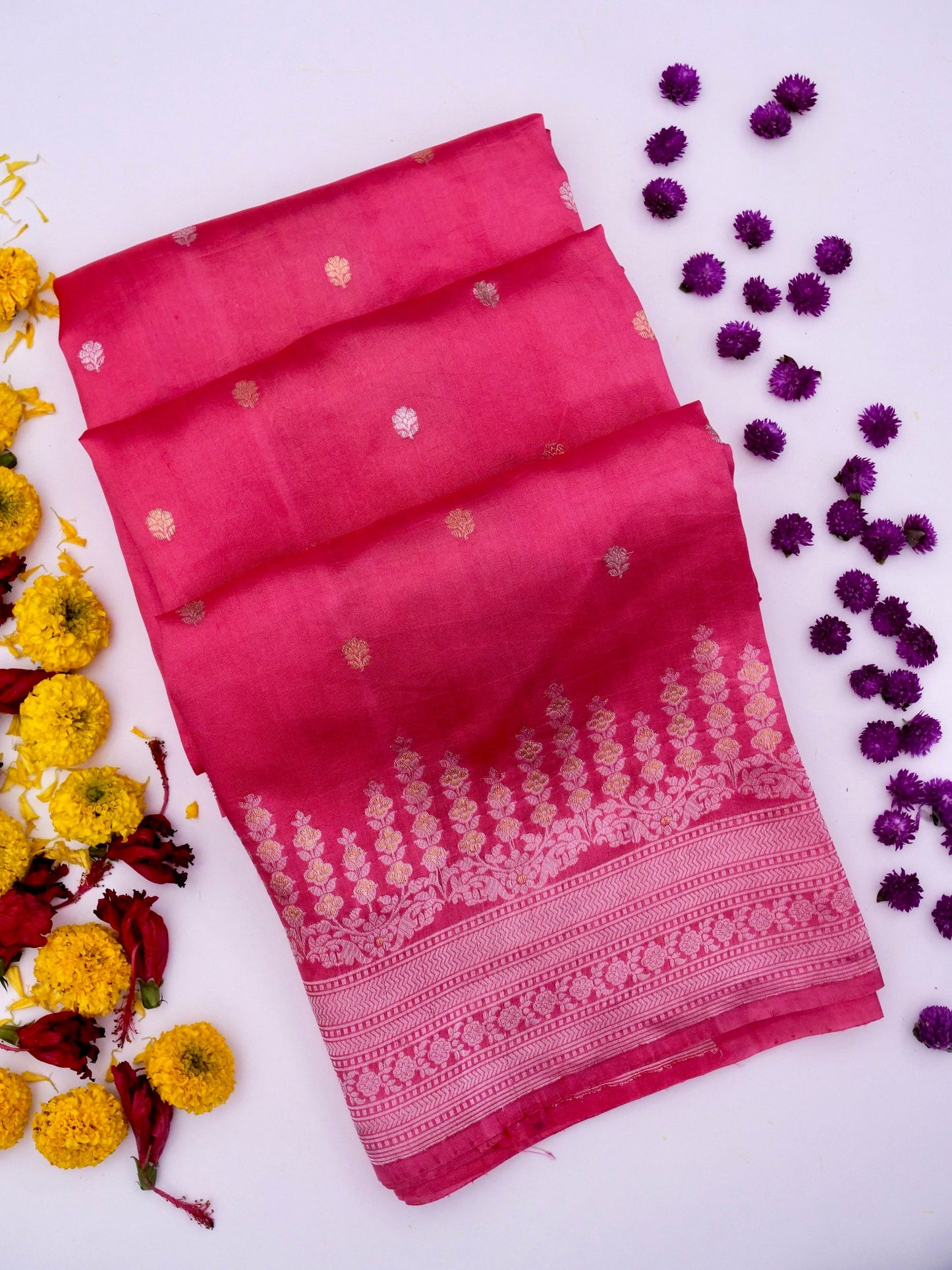 Pure Pink Banarasi Mango Katan Silk Saree with Kadhwa Buti Work