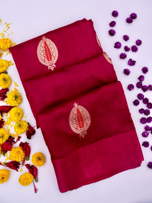 Pure Maroon Banarasi Mango Katan Silk Saree with Kadhwa Buti Work