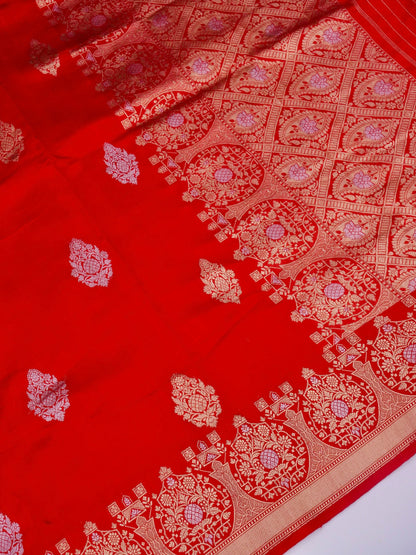 Pure Red Banarasi R Mango Katan Silk Saree with Kadhwa Buti Work