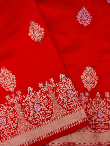 Pure Red Banarasi R Mango Katan Silk Saree with Kadhwa Buti Work