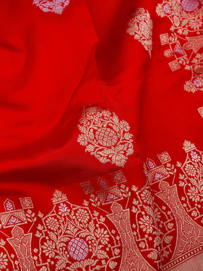 Pure Red Banarasi R Mango Katan Silk Saree with Kadhwa Buti Work