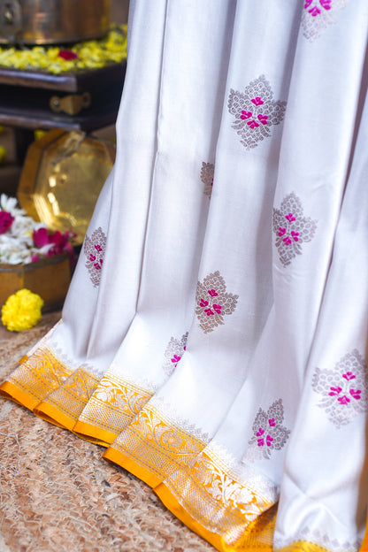 White Handloom Banarasi Mashru Katan silk saree