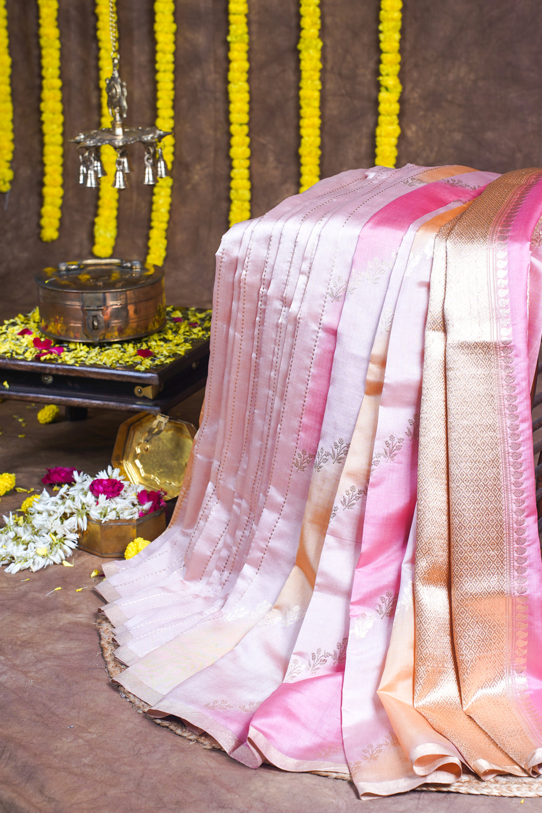 Soft pastel pink-ivory white Handloom Pure Mango Katan Silk Saree