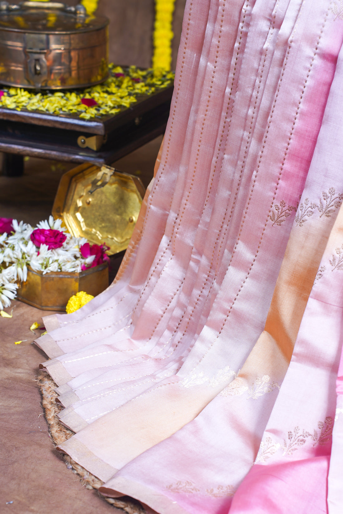 Soft pastel pink-ivory white Handloom Pure Mango Katan Silk Saree