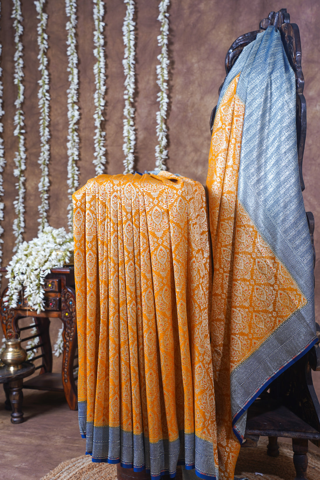 Mustard Yellow Pure Khaddi Georgette Brocade Banarasi Saree