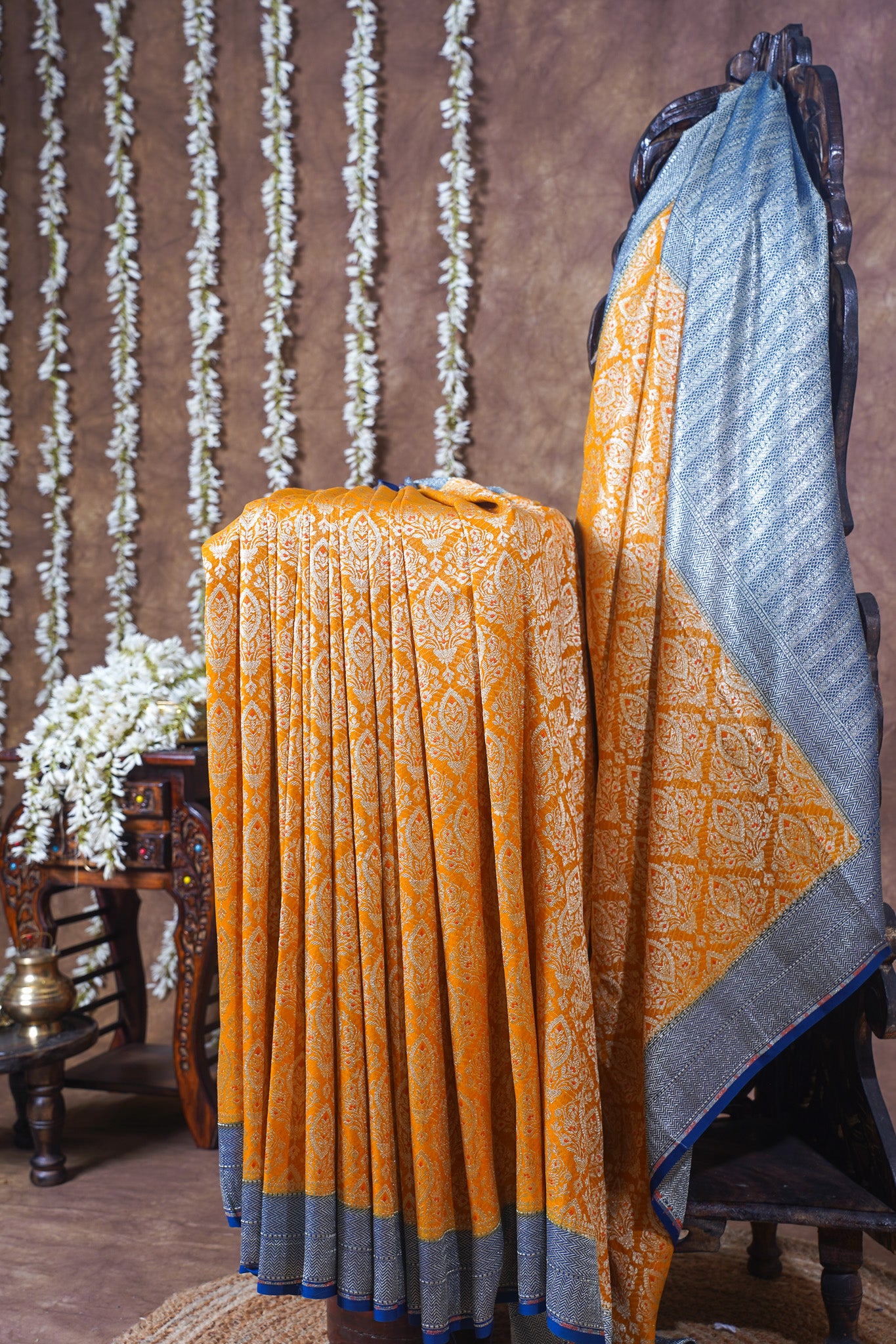 Mustard Yellow Pure Khaddi Georgette Brocade Banarasi Saree