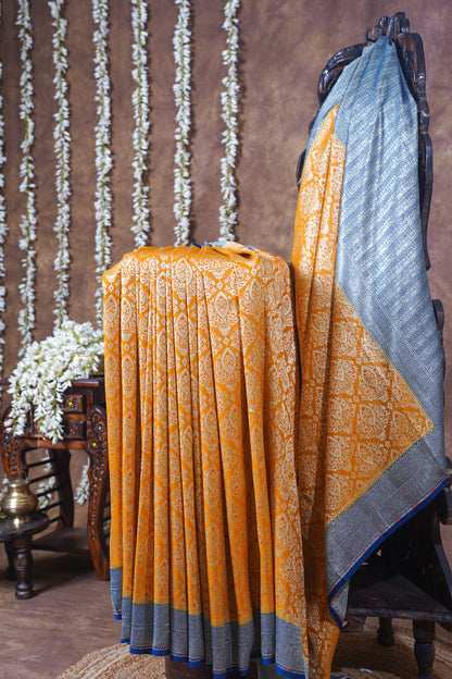 Mustard Yellow Pure Khaddi Georgette Brocade Banarasi Saree