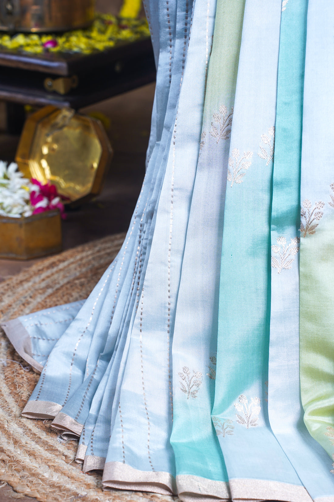Pastel sky blue-mint green Handloom Pure Mango Katan Silk Saree