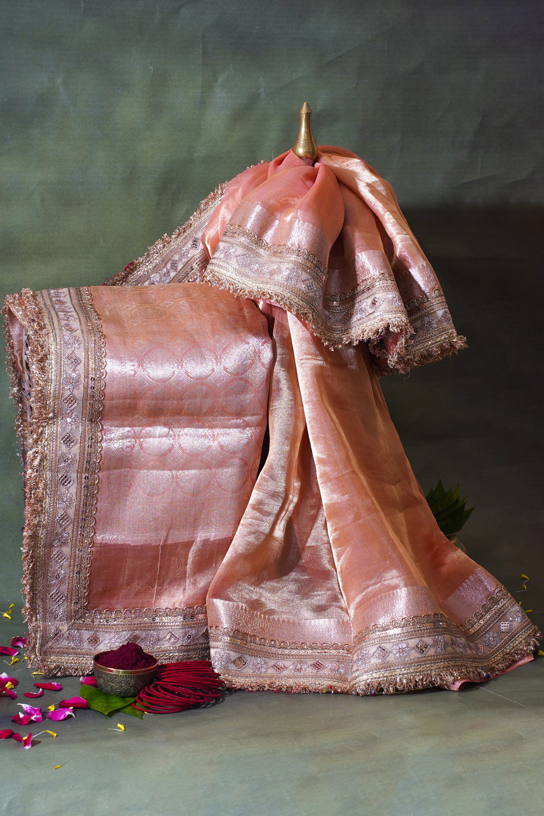 Blush Pink Pure Tissue Silk Banarasi Saree with Embellished Lace Border