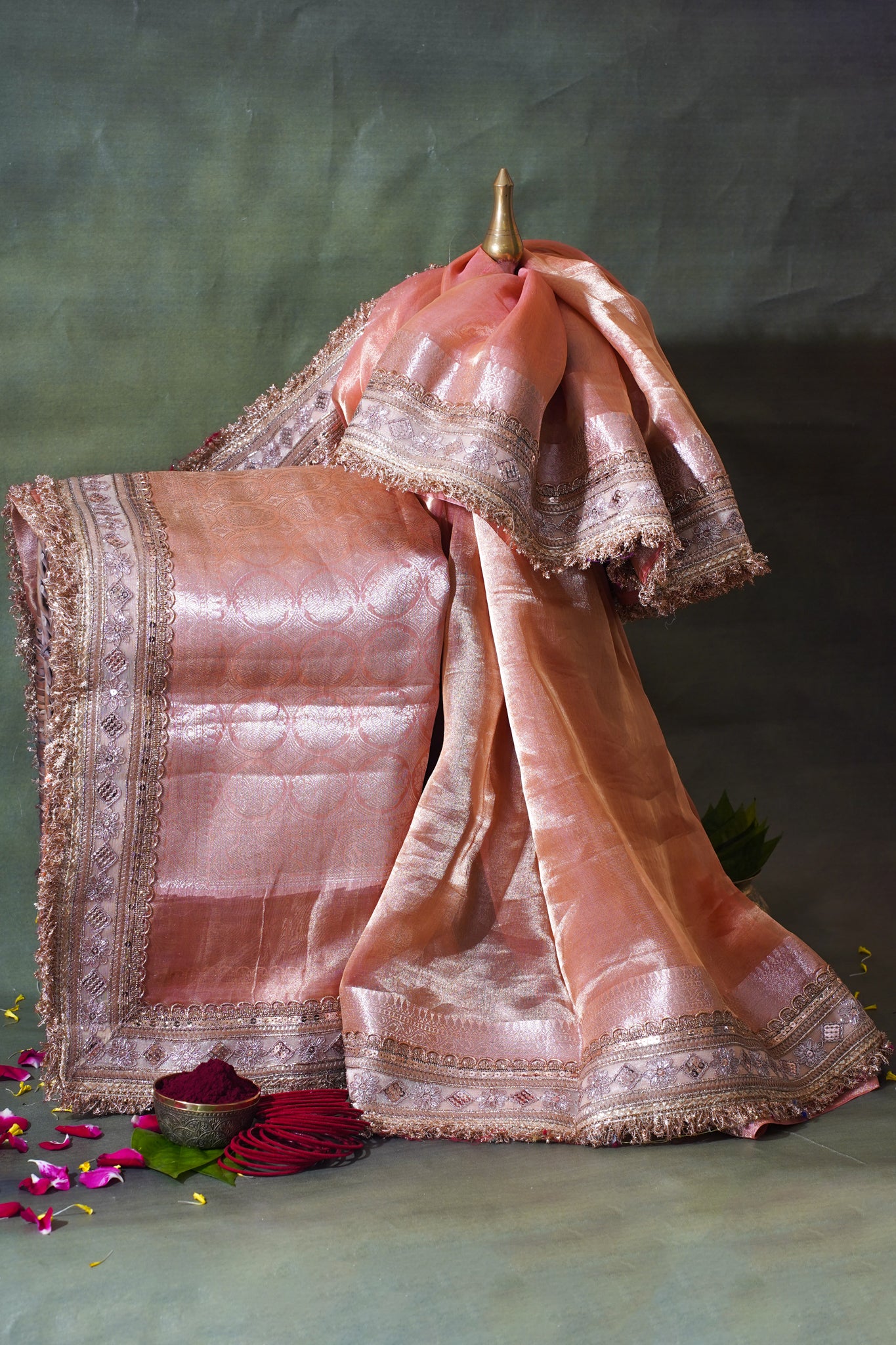 Blush Pink Pure Tissue Silk Banarasi Saree with Embellished Lace Border