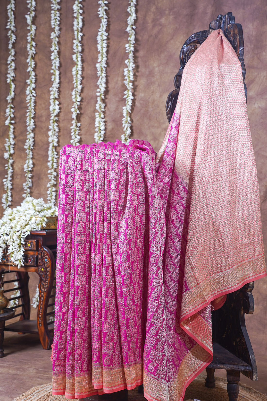 Rani Pink Pure Khaddi Georgette Brocade Banarasi Saree