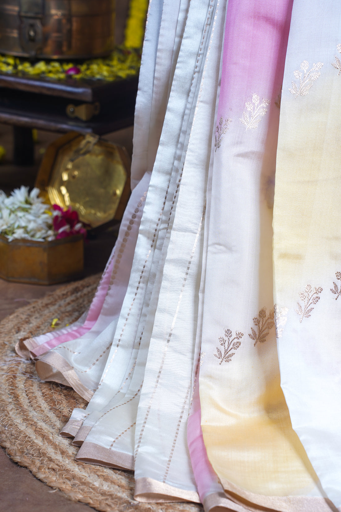 Triadic Tone Handloom Pure Mango Katan Silk Saree