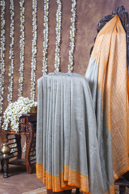 Grey &amp; Mustard Pure Khaddi Georgette Brocade Banarasi Saree