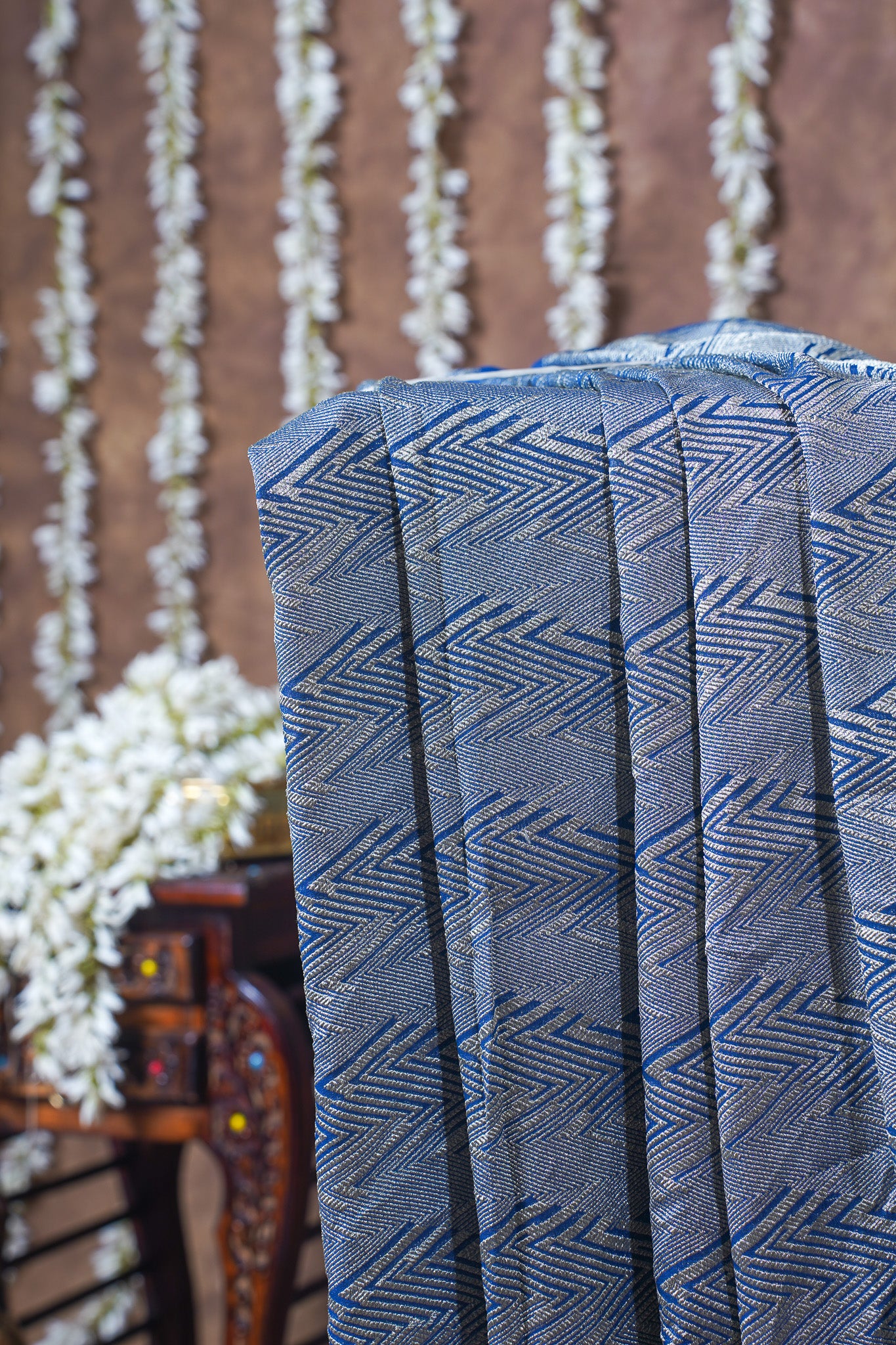 Grey &amp; Blue Pure Khaddi Georgette Brocade Banarasi Saree
