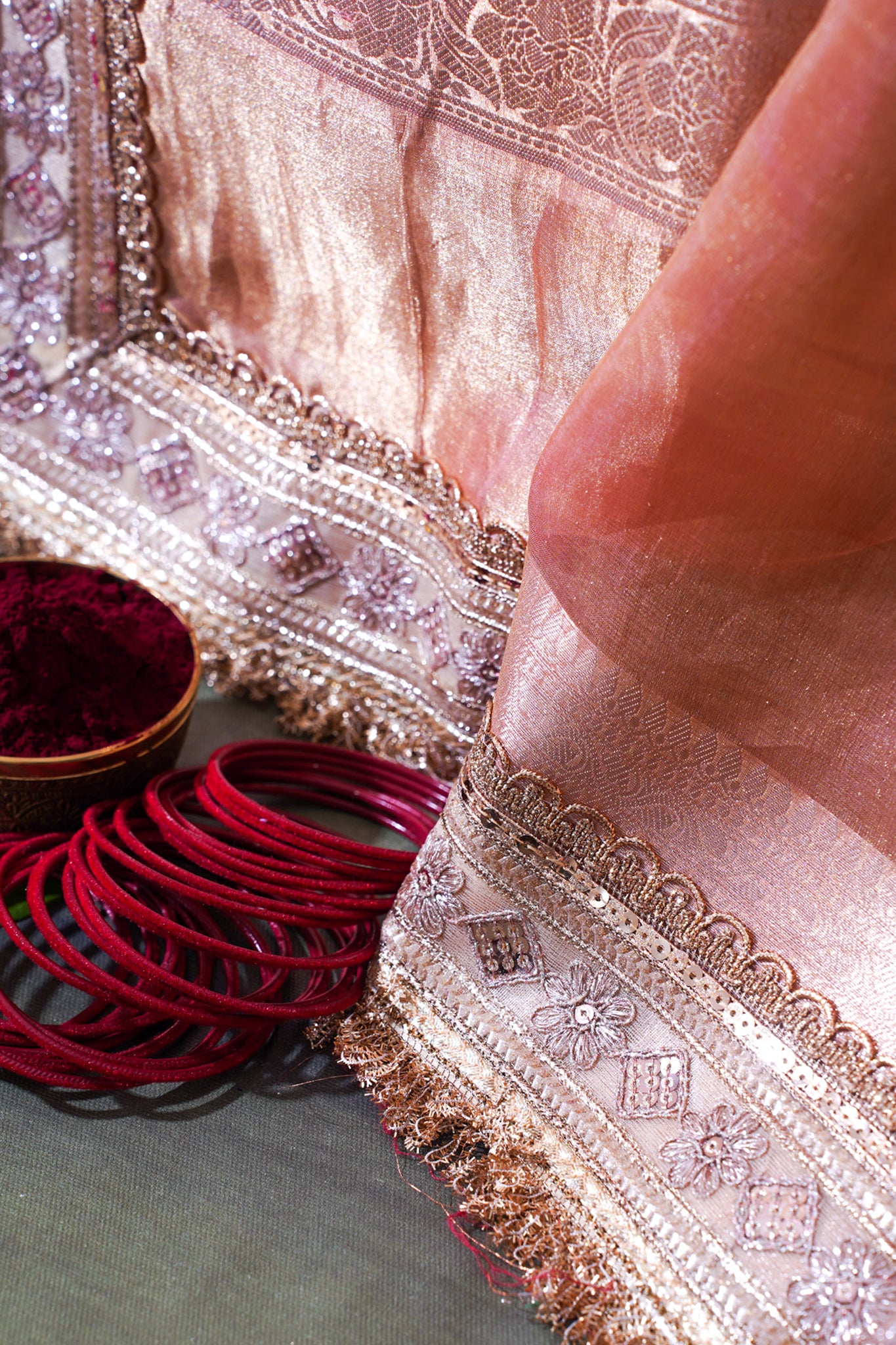 Blush Pink Pure Tissue Silk Banarasi Saree with Embellished Lace Border