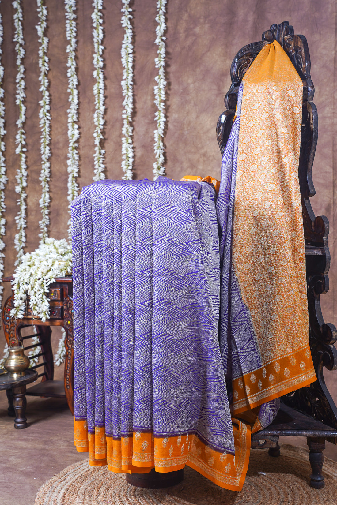 Lavender &amp; Saffron Pure Khaddi Georgette Brocade Banarasi Saree