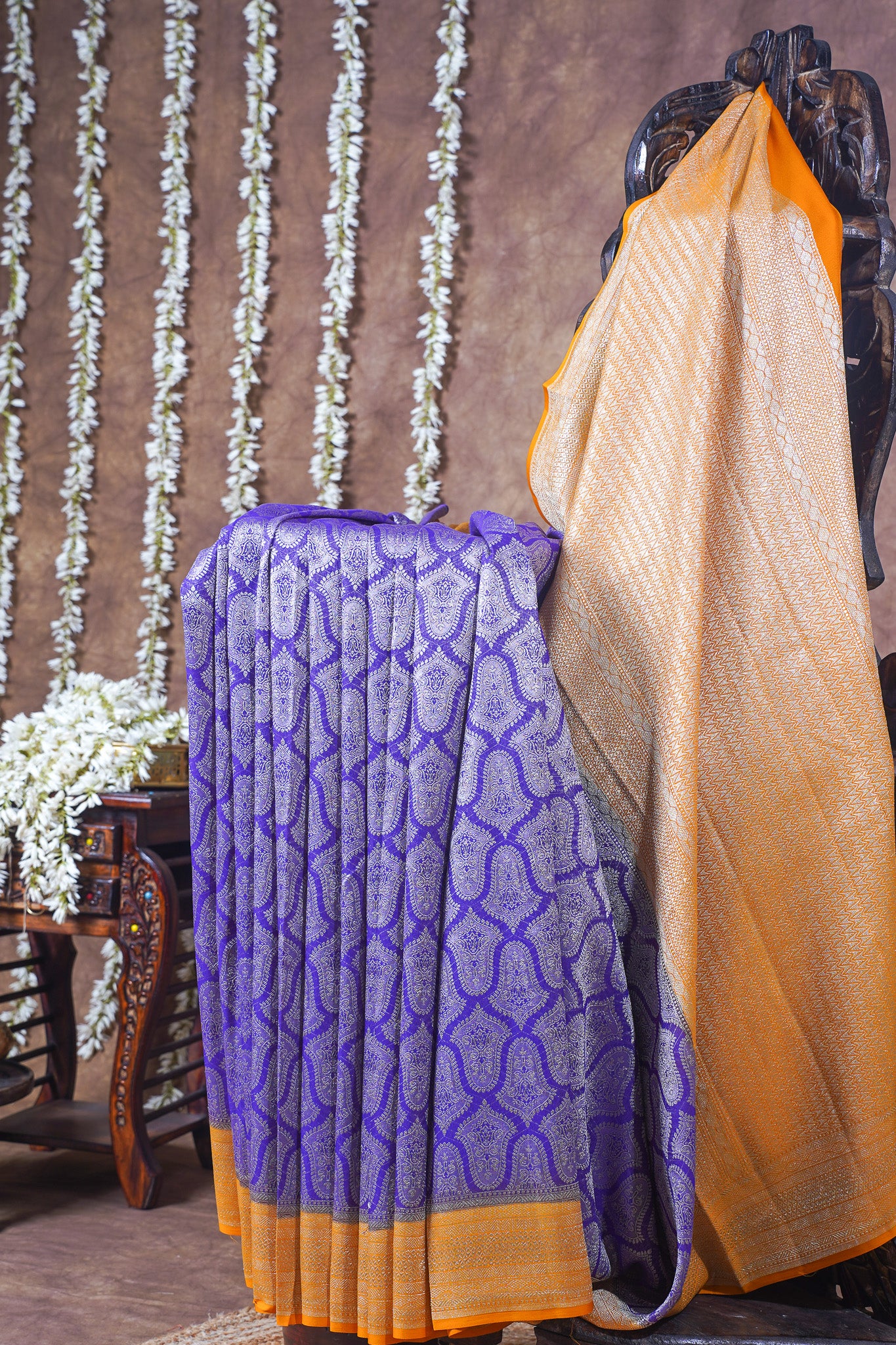 Lavender Pure Khaddi Georgette Brocade Banarasi Saree with Yellow Boder