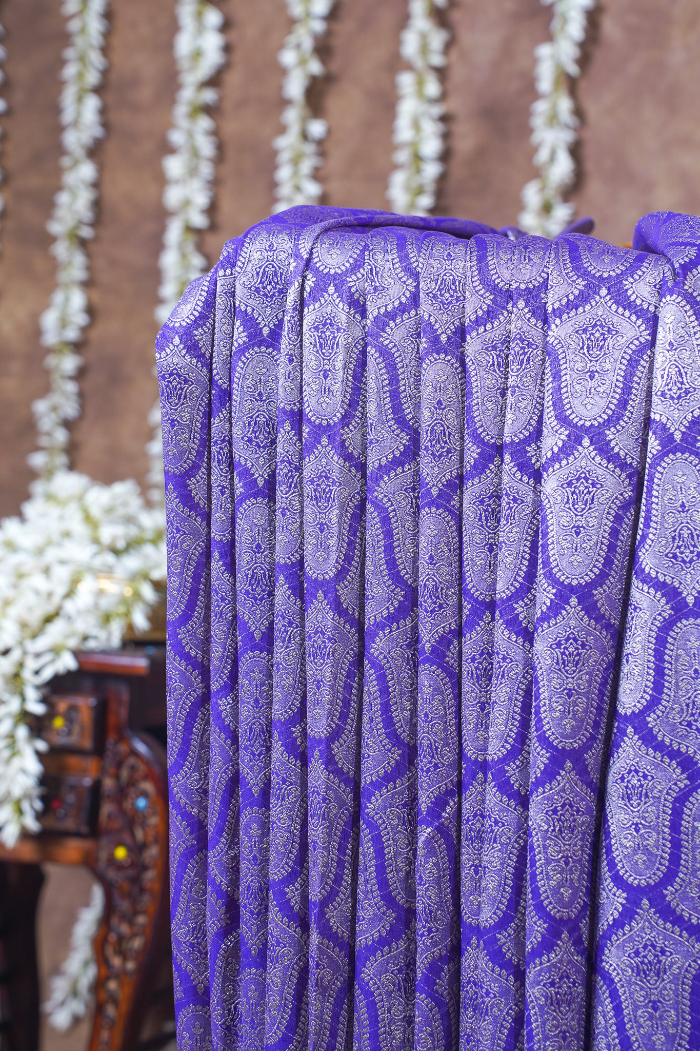 Lavender Pure Khaddi Georgette Brocade Banarasi Saree with Yellow Boder