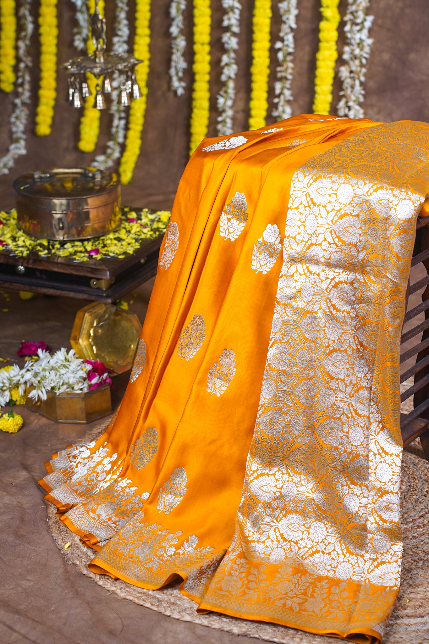 Mustard Orange Handloom Banarasi Mashru Katan Silk Saree