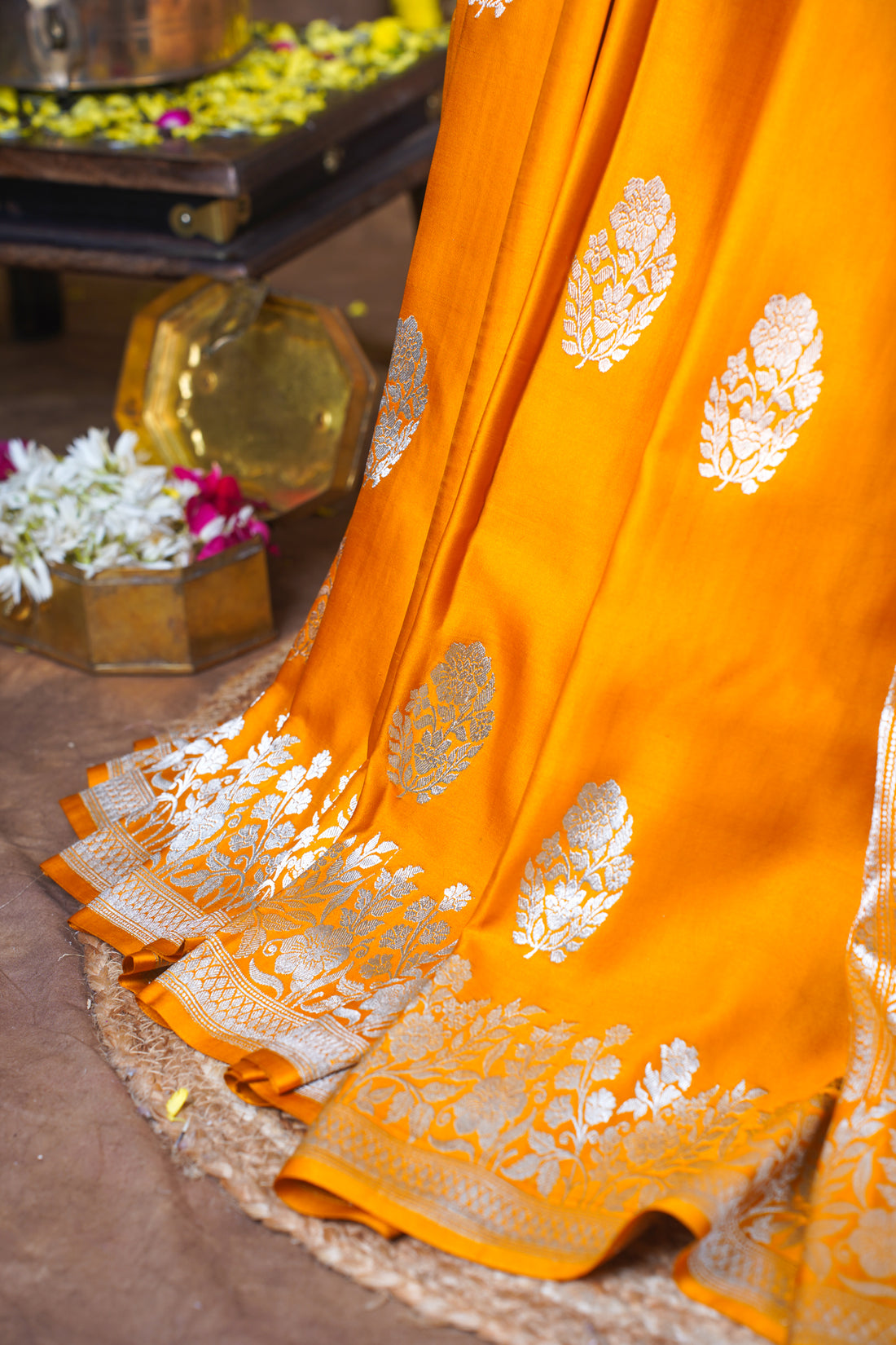 Mustard Orange Handloom Banarasi Mashru Katan Silk Saree