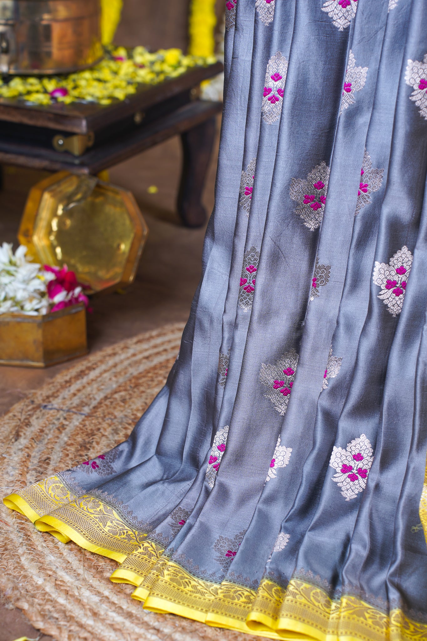 Steel Grey Handloom Banarasi Mashru Katan Silk Saree