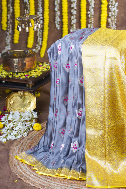 Steel Grey Handloom Banarasi Mashru Katan Silk Saree