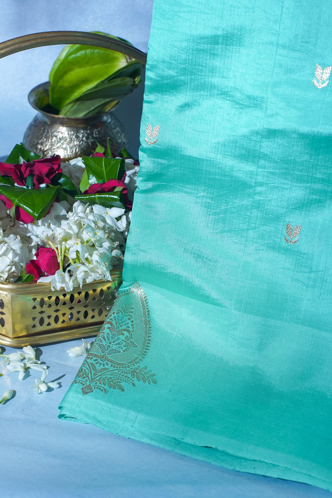 Aqua Green Pure Raw Mango Silk Handwoven Saree
