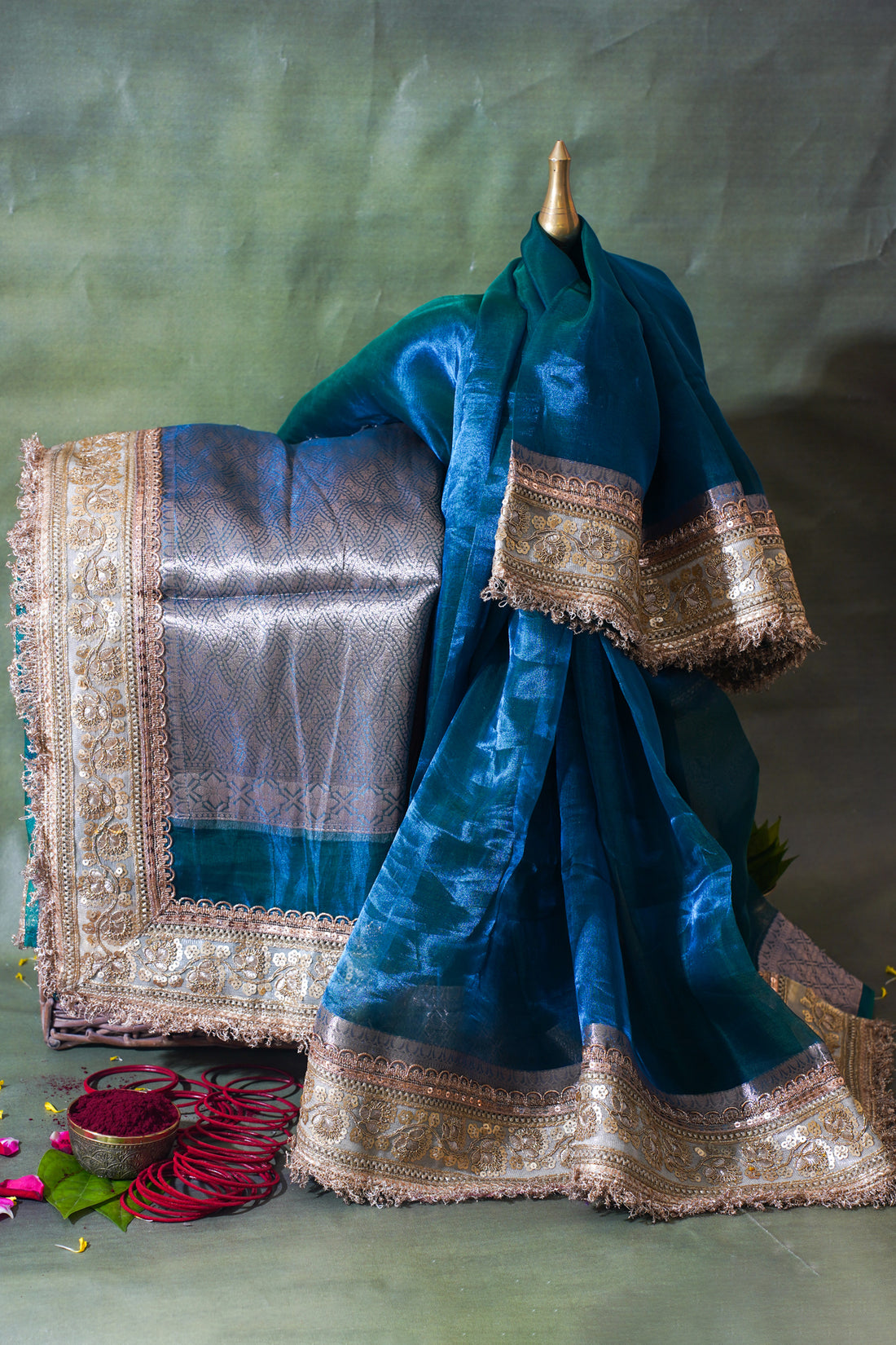 Teal Green Banarasi Pure Tissue Silk Saree with Sequined Lace Border
