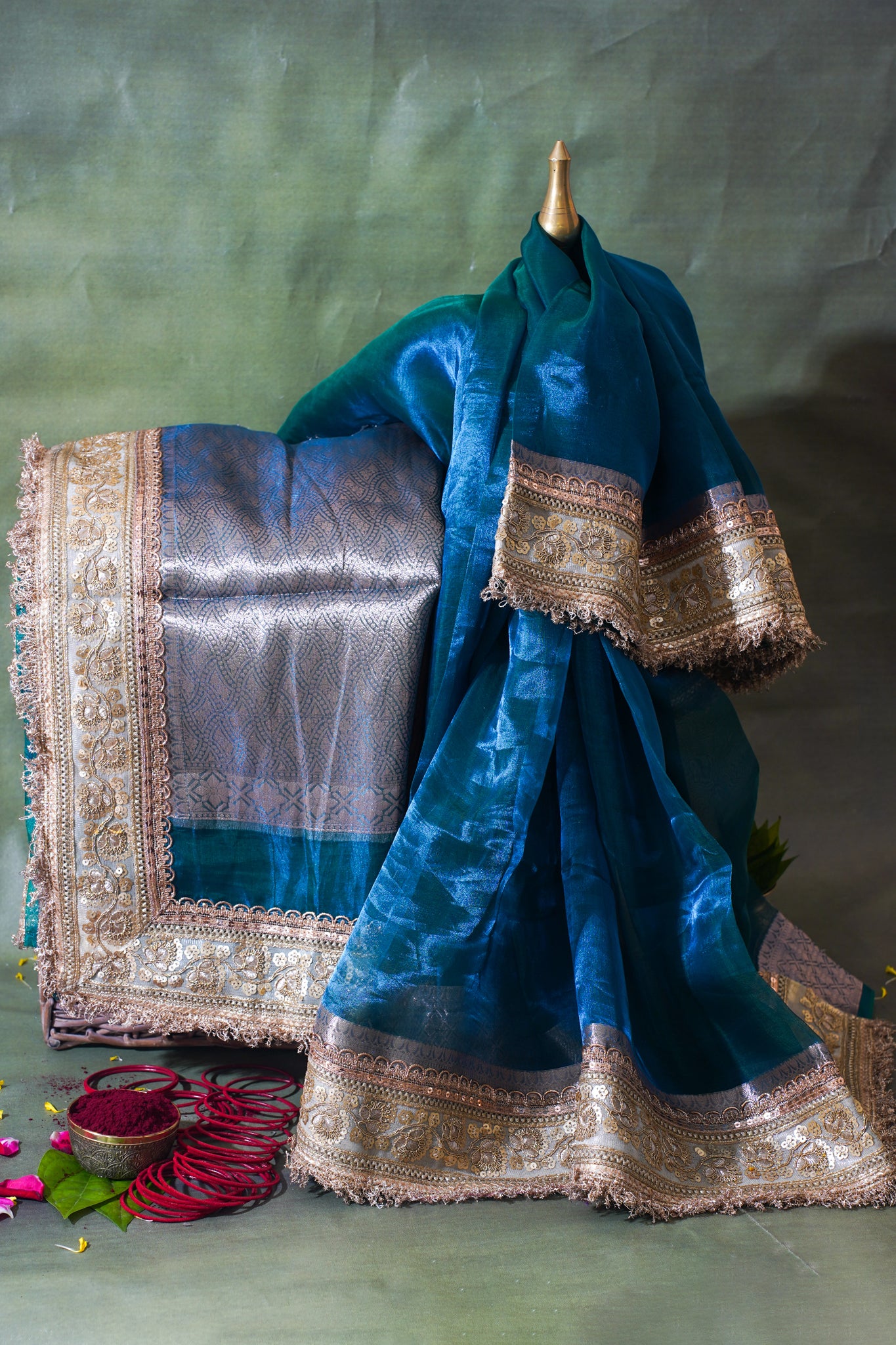 Teal Green Banarasi Pure Tissue Silk Saree with Sequined Lace Border