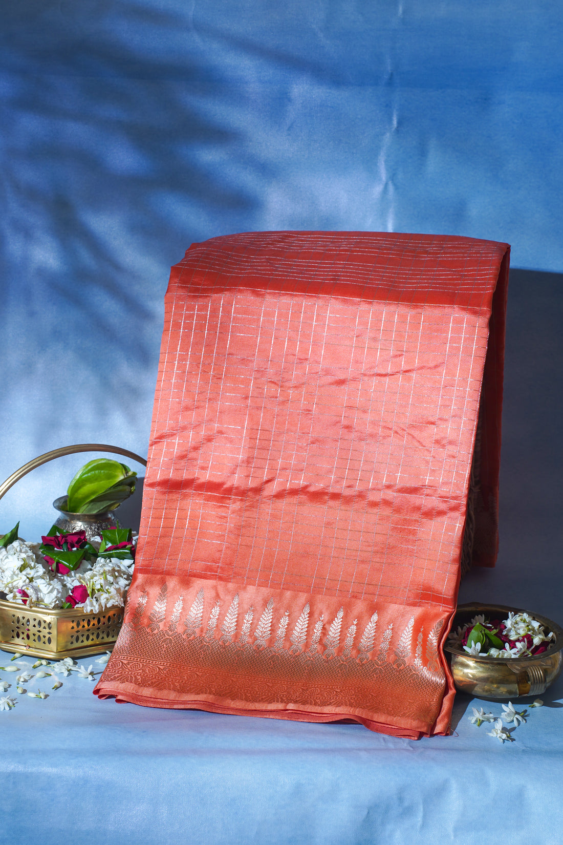 Coral Orange Pure Raw Mango Silk Handwoven Saree