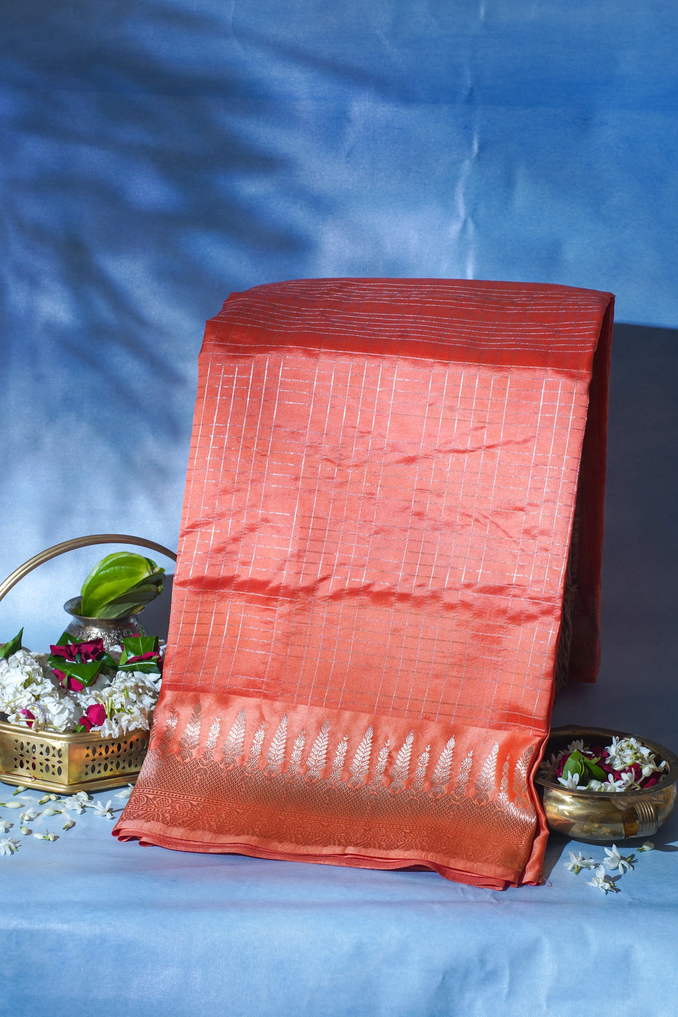 Coral Orange Pure Raw Mango Silk Handwoven Saree