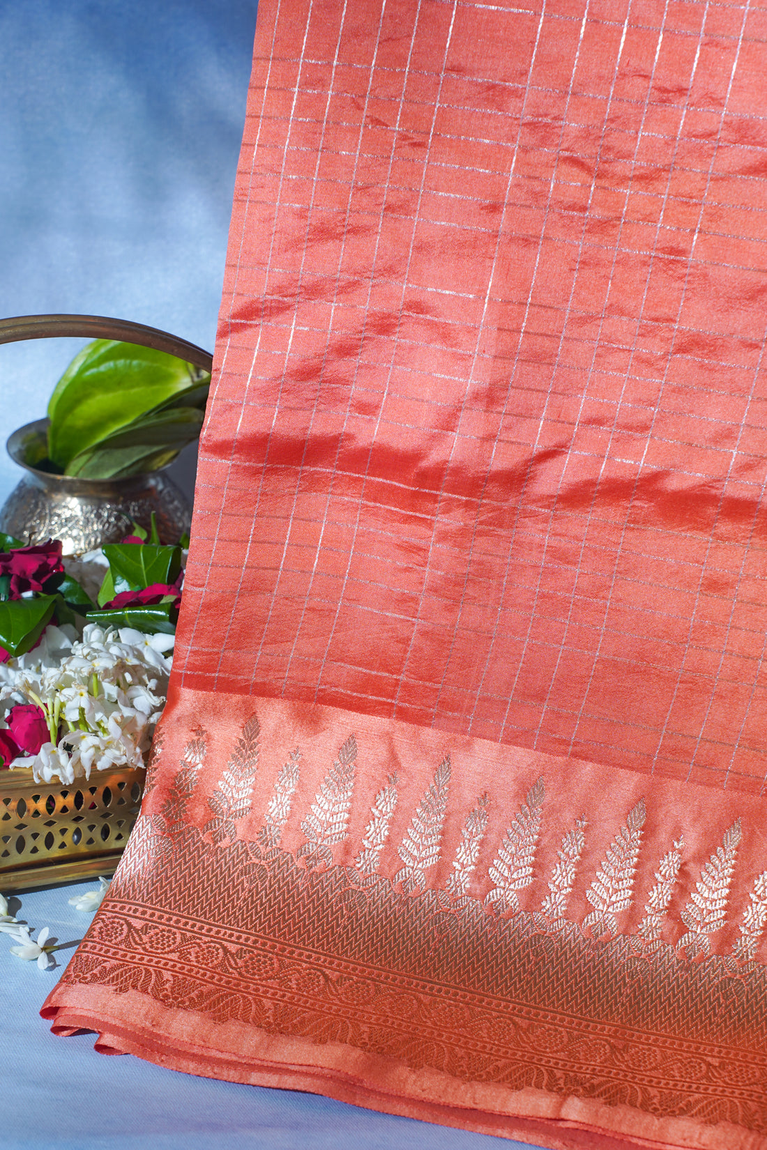 Coral Orange Pure Raw Mango Silk Handwoven Saree