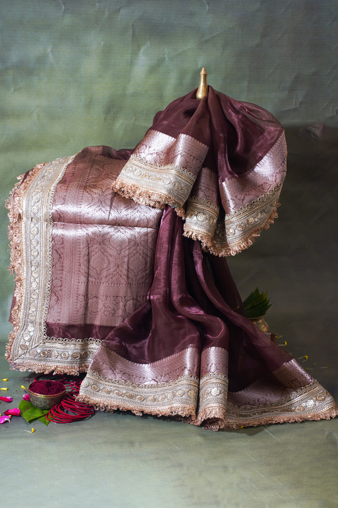 Dusty Mauve Banarasi Pure Tissue Silk Saree with Sequined Lace Border
