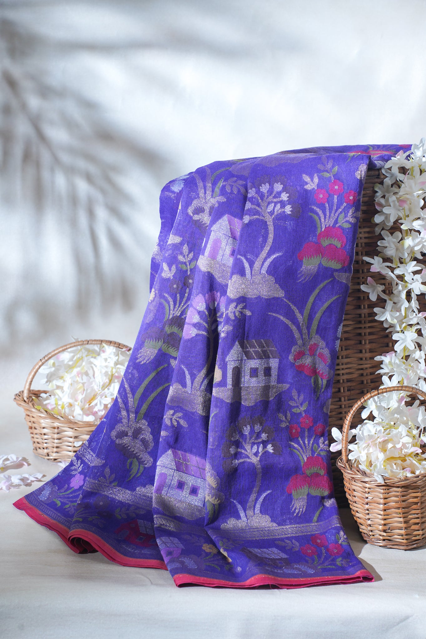 Purple Pure Cotton Silk Jamdani Handwoven Saree